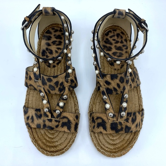 Jimmy Choo 7 Denise Pearl Embellished Leopard Print Leather Espadrille Sandals - Picture 9 of 11